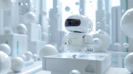 A modern miniature robot that is an electronic device. Small, white, elegant, mini robot equipment for the home.