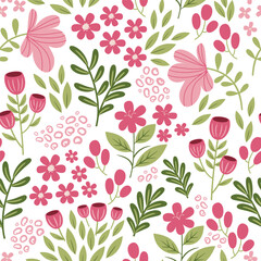 Blooming midsummer meadow seamless pattern. Plant background for fashion, wallpapers, print. Different flowers on the field. Liberty style millefleurs. Trendy floral design