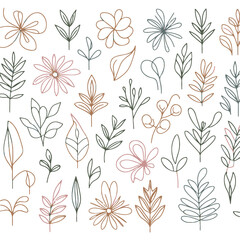 set of linear icons of flowers and plants, vector illustration of floral colorful background.