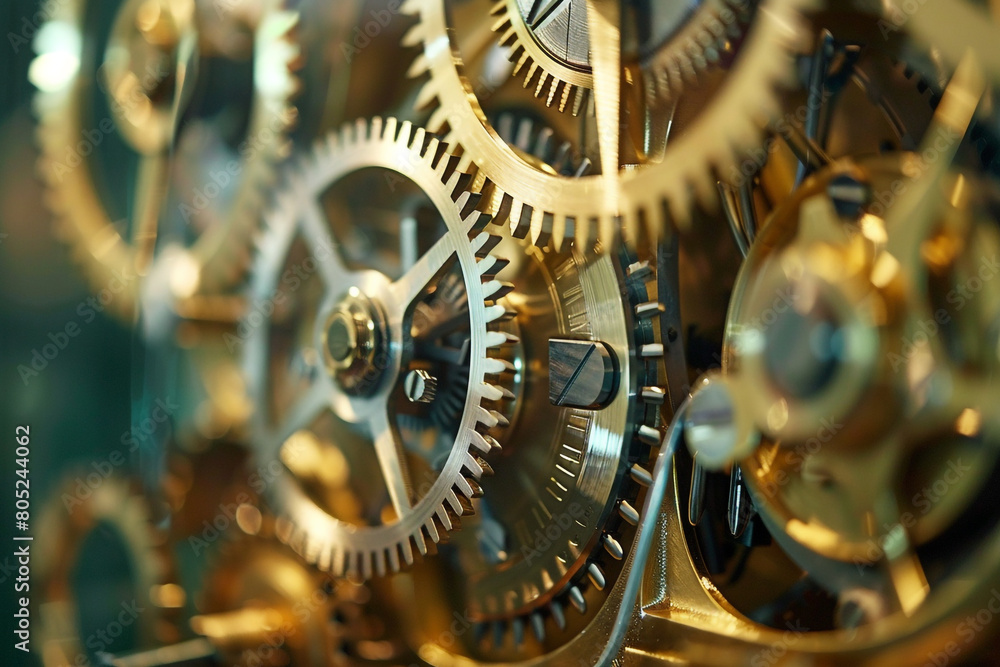 Poster macro shot of the inner workings of a clock, highlighting the intricate spring mechanisms