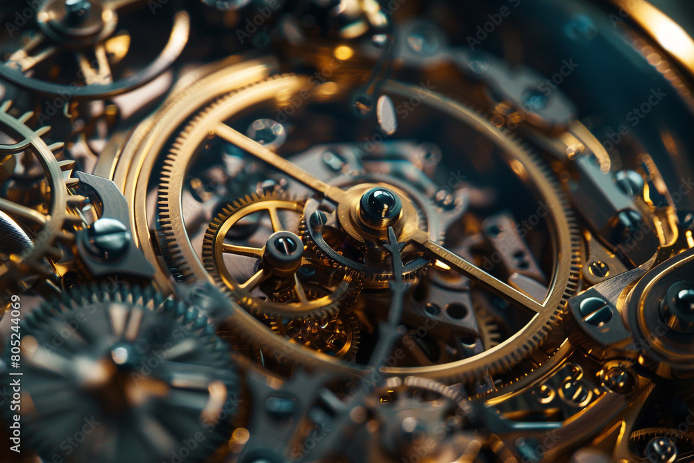 Poster macro shot of the inner workings of a clock, highlighting the intricate spring mechanisms