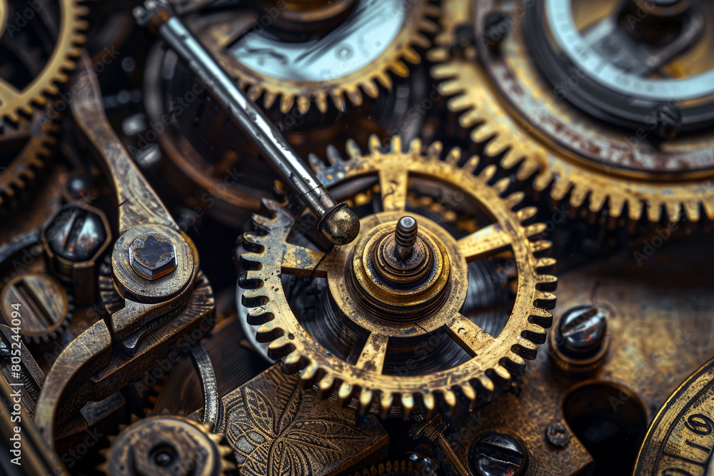 Poster macro shot of the inner workings of a clock, highlighting the intricate spring mechanisms
