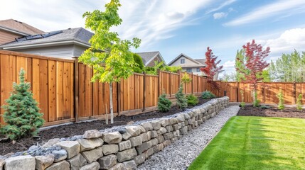A recently constructed wooden fence featuring decorative stones on its stone pillars. Landscaping. Trimmed lawn and rock hill. Young maple tree. Solid fence wall. House territory accomplishment - Powered by Adobe