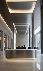 Reception desk and checkpoint at the entrance to a large modern office or hotel, modern visiting services,