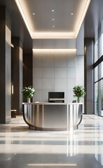 Obraz premium Reception desk and checkpoint at the entrance to a large modern office or hotel, modern visiting services,