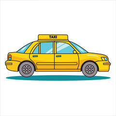 Yellow taxi cab cartoon illustration side view. City transport yellow sedan taxi vehicle, commercial transportation, car isolated white background, urban service