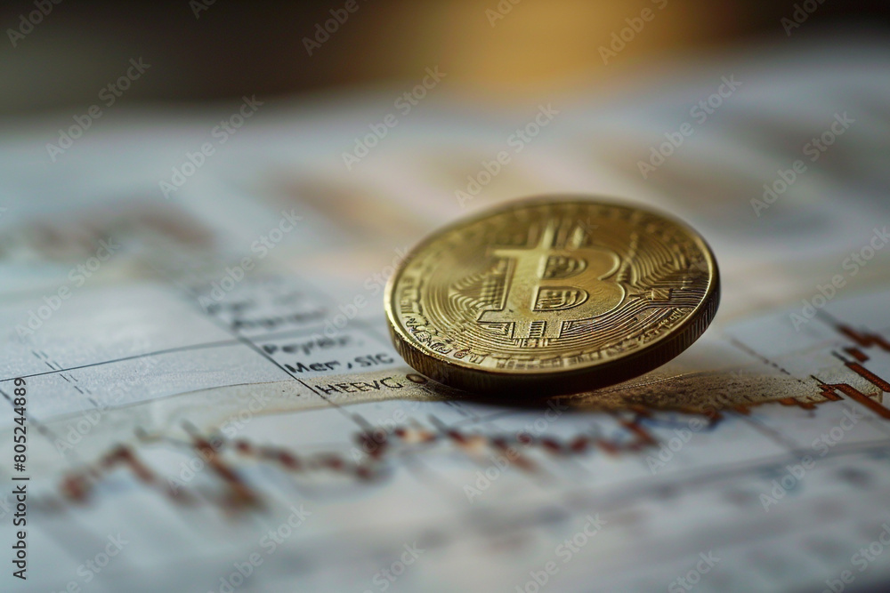 Poster macro view of a single coin on a fluctuating stock chart, illustrating the fragility of savings duri