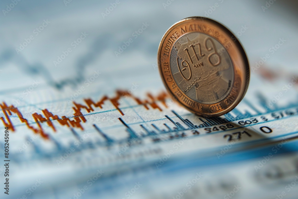 Poster macro view of a single coin on a fluctuating stock chart, illustrating the fragility of savings duri