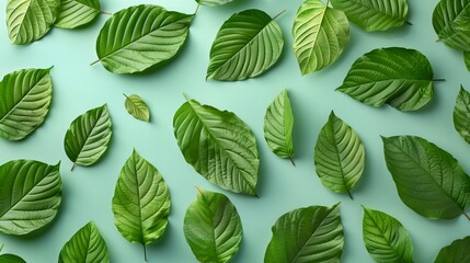 Leaves Background. Leaves on paster background with copy space. Minimalist pastel background with green leaves. Kratom leaves on pastel background.