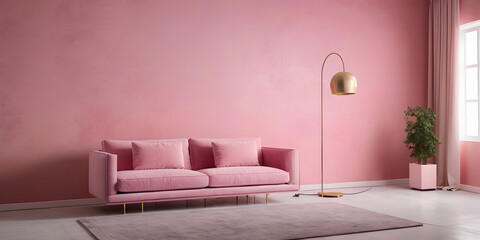 Modern minimal interior of living room with cozy pink sofa and floor lamp and white and pink concrete wall background