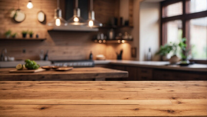 natural wooden table with kitchen background