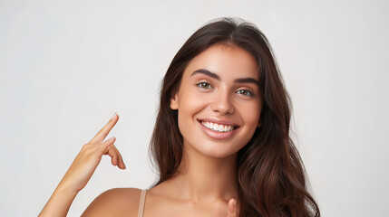 smiling pretty well-groomed young woman showing index finger up, isolated on white background, empty copy space