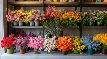 colorful tulips in pots on the shelf