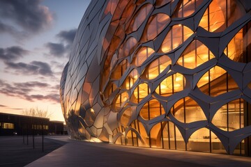 Innovative Permeable Facade of a Modern Sports Center Reflecting the Vibrant Cityscape at Sunset
