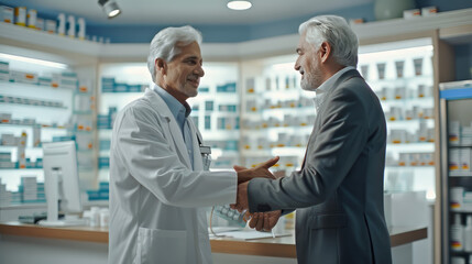 pharmaceutical company sales representative presenting a new drug to a doctor in the medical building, handshake, handshake concept when making a deal,