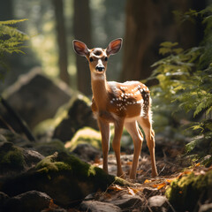 Little deer walking around nature in the morning light. Animal in nature forest and meadow habitat. Wildlife scene.	