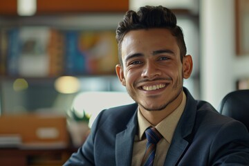 Fototapeta premium Portrait of young Hispanic businessman inside office