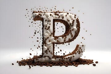 The letter P 3D, in white color with coffee beans on top, splashes of coffee and beens on top, a letter made of coffee, a smooth white background.