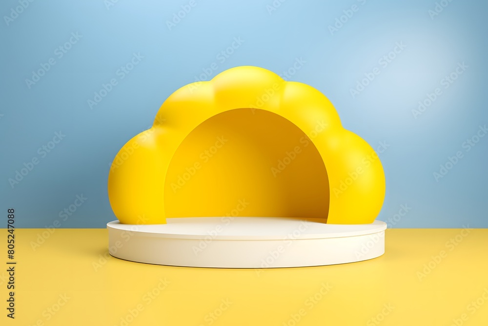 Poster 3d render of yellow product display on light blue background with base