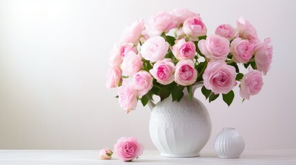 vase pink roses on white