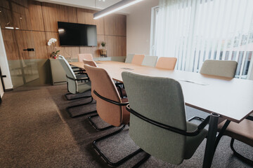 This contemporary office meeting room features a wooden wall, a large table, stylish chairs, and a...