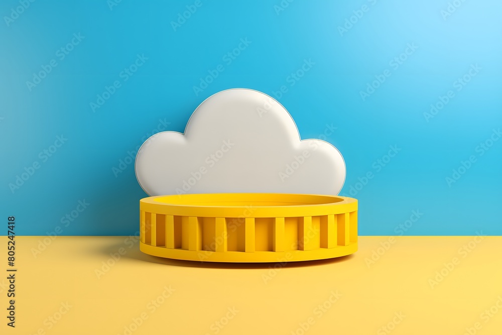 Poster 3d render of yellow product display on light blue background with base