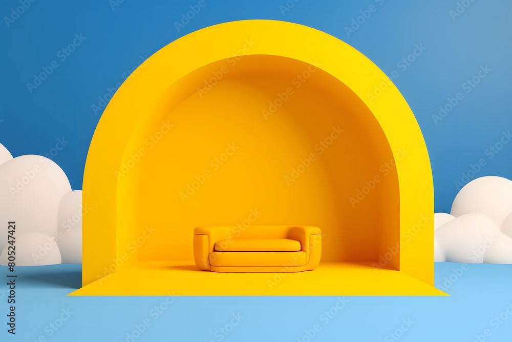 Poster 3d render of yellow product display on light blue background with base