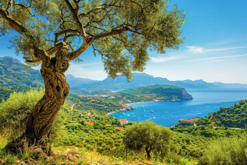 Obraz premium Mediterranean culinary tour with olive groves and sea views 