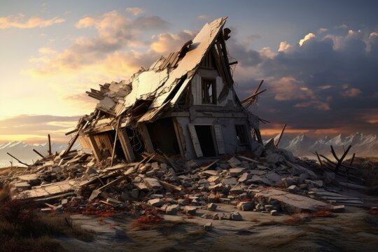 Derelict Ruined house after earthquake. Insurance concrete. Generate Ai