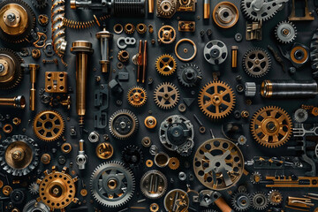 Metallic mastery, A detailed exploration of gears and mechanical parts, set in the creativity of a workshop 