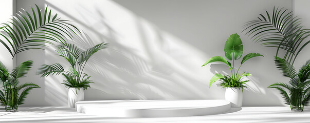 Podium Summer display product white background 3d stage with abstract light shadow.