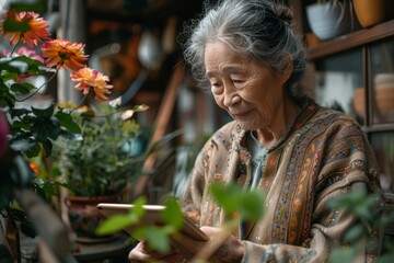 Fototapeta premium Young girl showing something on tablet to elderly grandmother