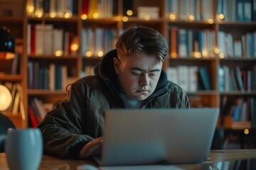 Young man with down syndrome learning online at home