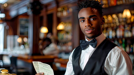 A young confident African American hospitality waiter in bow tie vest, professional smiling classy host - Powered by Adobe