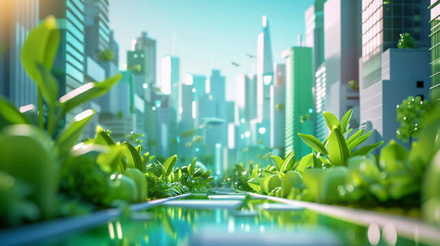 A futuristic 3D-rendered scene showcasing a World Environment Day event, with innovative green technology, renewable energy sources, and eco-friendly initiatives on display in a sustainable cityscape