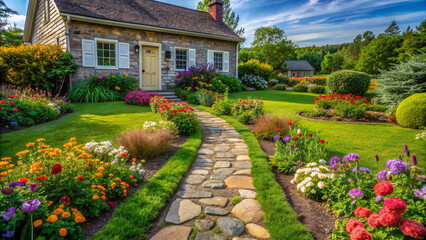 Floral Pathway to a Home Farm Cottage. An enchanting stone pathway, lined with vibrant flowers, meanders through a lush yard, leading to the inviting door of a charming cottage nestled in Home Farm.