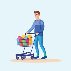 Young male cartoon character shopping holding cart full colorful boxes, smiling shopper illustrated. Happy consumer walks purchasing different products, casual attire. Shopper enjoying retail