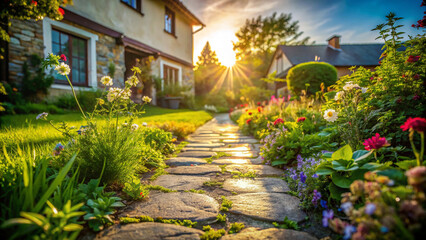 Obraz premium Floral Pathway to a Home Farm Cottage. An enchanting stone pathway, lined with vibrant flowers, meanders through a lush yard, leading to the inviting door of a charming cottage nestled in Home Farm.