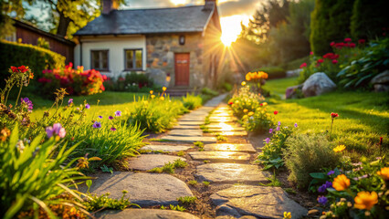Fototapeta premium Floral Pathway to a Home Farm Cottage. An enchanting stone pathway, lined with vibrant flowers, meanders through a lush yard, leading to the inviting door of a charming cottage nestled in Home Farm.