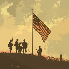 Fototapeta premium Illustration of a lone soldier kneeling before a battlefield cross