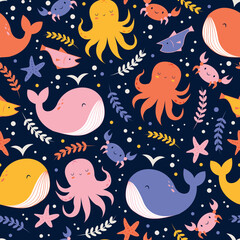 Cute Colorful Sea Creatures Seamless Pattern