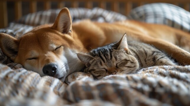 A cozy snapshot of a Shiba Inu and a cat peacefully sleeping side by side, their closeness a testament to the comfort and harmony between species