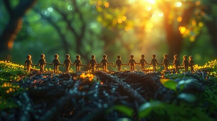 colorful wooden people standing in a line in the forest, concept - Powered by Adobe