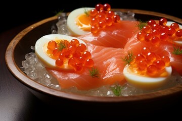 Unique Salmon eggs food slice. Plate lunch. Generate Ai