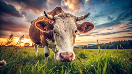  Cow Grazing in the Meadow at Home Farm. A tranquil scene unfolds as a cow grazes leisurely in a lush meadow at a home farm. The warm glow of the setting sun enhances the serene atmosphere.