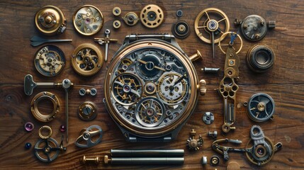 An elegant wristwatch disassembled, its parts laid out on a craftsman's table, revealing the complex internal mechanisms that represent the pinnacle of horological art