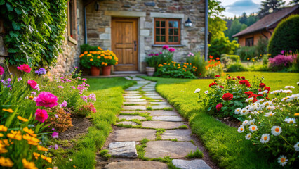 Obraz premium Floral Pathway to a Home Farm Cottage. An enchanting stone pathway, lined with vibrant flowers, meanders through a lush yard, leading to the inviting door of a charming cottage nestled in Home Farm.