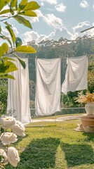 Fresh cotton garments hanging on a line, drying in the gentle breeze of a serene suburban backyard, depicting a natural, sustainable lifestyle