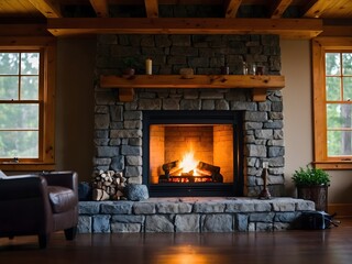 Fireside Tranquility, Cozy Fireplace Framed by a Solid Stonewall, Inviting Relaxation and Comfort.