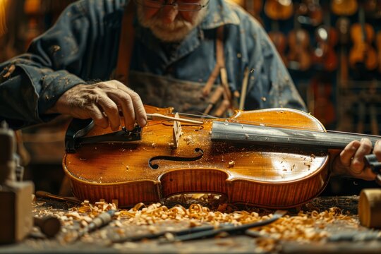 The precise hands of a luthier at work on a violin's neck, surrounded by tools and wood shavings, under the warm light of his workshop, showcasing the dedication to his craft